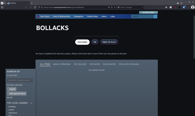 A steam sale category for "Bollacks" that obviously isn't a thing lol