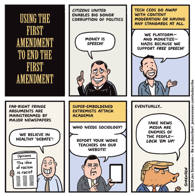 1. USING THE FIRST AMENDMENT TO END THE FIRST AMENDMENT

2. Citizens United enables big donor corruption of politics

Justice John Roberts: Money is speech!

3. Tech CEOs do away with content moderation or having any standards at all.

Tech bro: We platform -- and monetize -- Nazis because we support free speech!

4. Far-right fringe ideas are mainstreamed by major newspapers

Editor holding up opinions section with  column entitled "The idea of racism is racist": We believe in healthy "debate"!

5. Super-emboldened extremists attack academia

Man holding iPad: Who needs sociology? Report your woke teacher on our website!

6. Eventually...

Trump: Fake news media are enemies of the people -- Lock 'em up!
