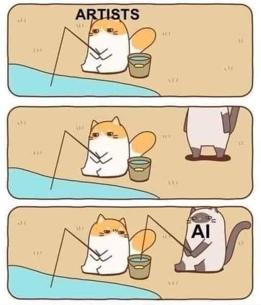 Cartoon:
1: Cat fishing in a pond. There's a bucket next to it and the label "ARTISTS" above it
2: Another cat appears behind the first cat.
3: The second cat starts fishing in the first cat's bucket. The second cat is labelled "AI". 