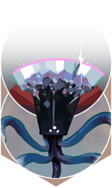 A tarot-card style image of a little creature that looks like a chipped axe blade with five tentacles sprouting from the back. Near the base of its "face" are three glowing white eyes.