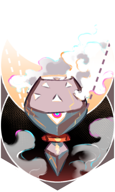 A tarot-card style illustration of a creature that looks like a metal cup with smoke billowing out of small triangular holes near its top. A single eye stares out from a larger triangular hole in the middle.