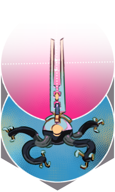 A tarot-card style illustration of a small creature that looks like a metal ball with four tentacle-like legs, each ending in three metal fingers. A large pair of prongs, like a tuning fork, sit above its glowing orange eye.