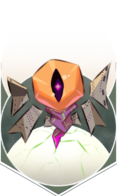 A tarot-card style illustration of a creature that resembles a slightly polyhedral floating orange dragon eyeball. Small sheafs of paper surround it like abstract wings.
