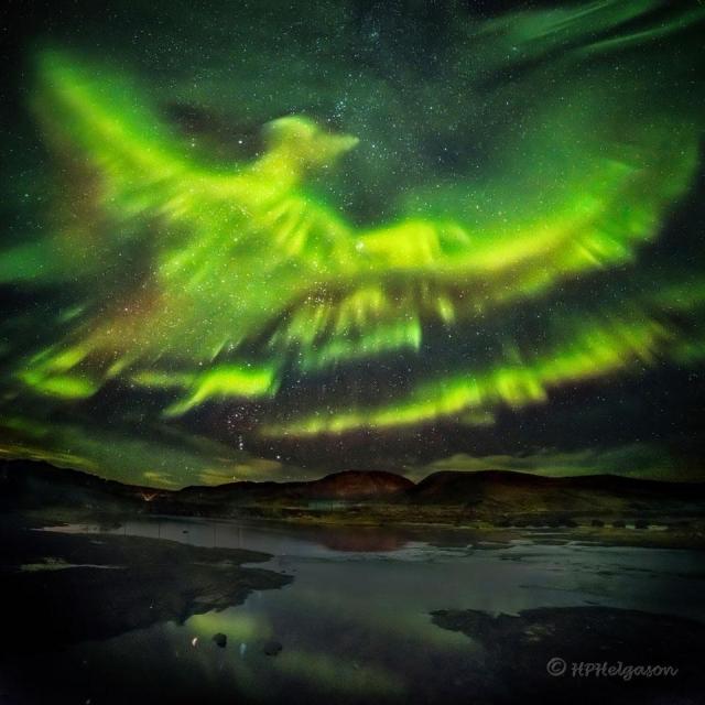 A green aurora fills a star filled sky. A mountain and a lake are in the foreground. The aurora may resemble, to some, a flying or rising Phoenix.