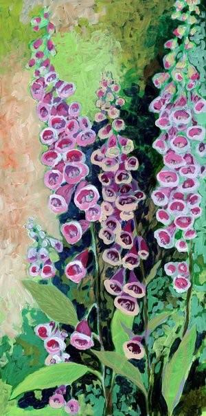 Painting of a tall green plant with many little pink and purple coloured flowers in it. The background is coloured in shades of soft orange and green. 