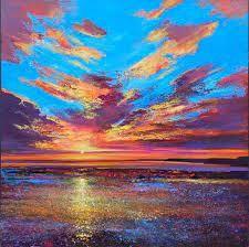 Bright coloured painting of a sunset over the ocean. The sky is bright blue, with bright orange, pink and purple clouds. These colours are reflected in the ocean. 