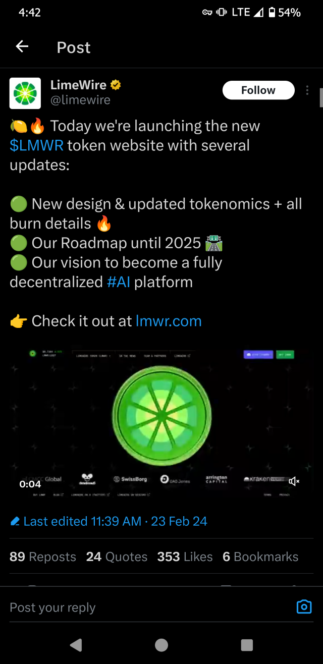 screen show of LimeWire Twitter account with a post that says the following

🍋🔥 Today we're launching the new $LMWR token website with several updates:

🟢 New design & updated tokenomics + all burn details 🔥
🟢 Our Roadmap until 2025 🛣️
🟢 Our vision to become a fully decentralized #AI platform

👉 Check it out at lmwr.com