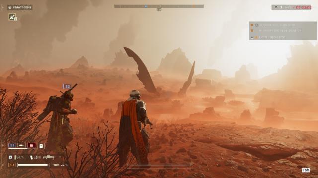 Helldivers 2 screenshot on Linux, two players looking across the map to see two giant claws stuck in the ground
