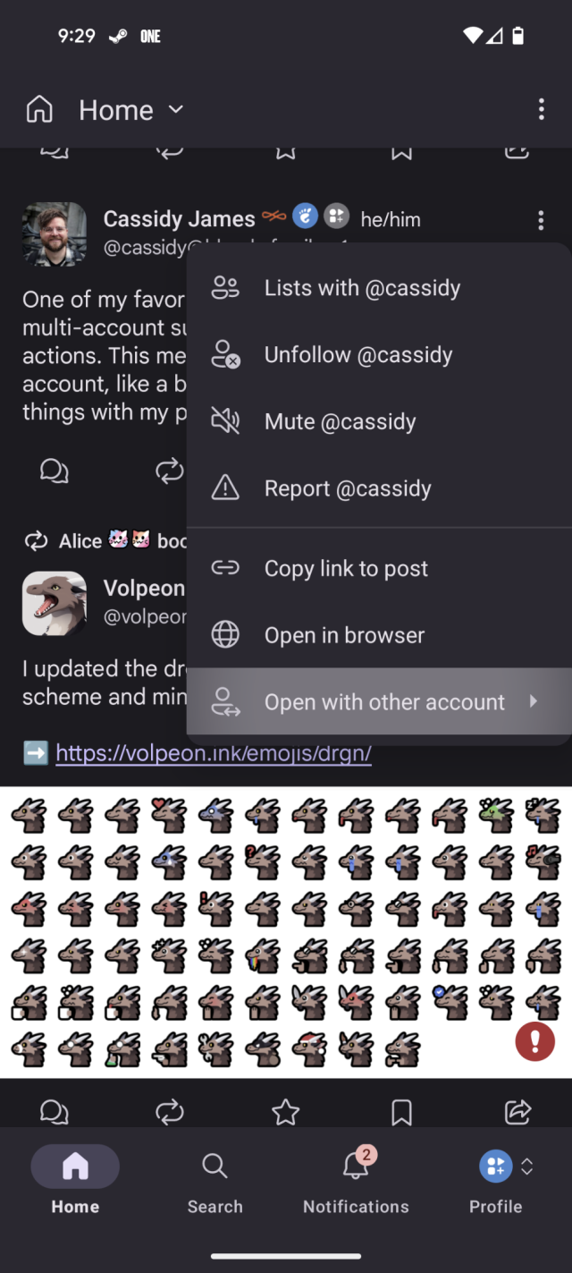 Menu with “Open with other account” highlighted