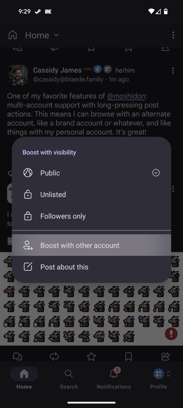 Menu with “Boost with other account” highlighted
