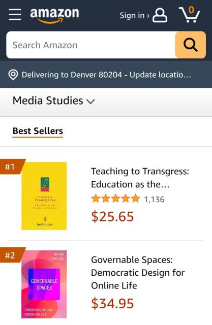 Amazon.com screenshot of Media Studies bestsellers