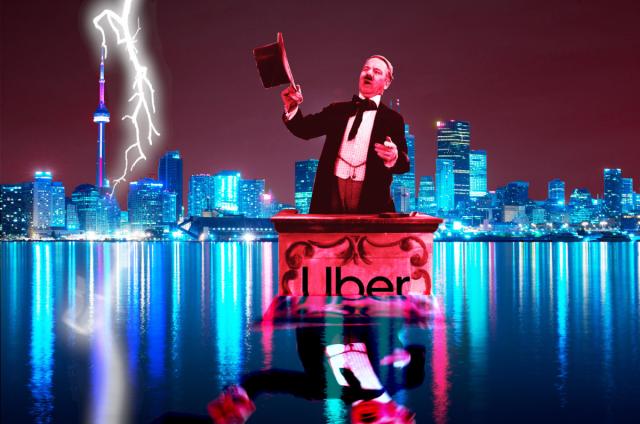 The Toronto skyline, seen from the harbour by night. The sky is stained bloody red. A forked lightning bolt strikes the CN Tower. Looming over the city, rising out of the water, is WC Fields as a carny barker, waving his hat and shouting. He stands behind a rough wooden podium bearing the Uber logo.



Image:
Rob Sinclair (modified)
https://commons.wikimedia.org/wiki/File:Night_skyline_of_Toronto_May_2009.jpg

CC BY 2.0
https://creativecommons.org/licenses/by-sa/2.0/deed.en