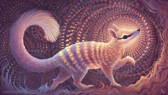 Since numbats are an endangered species (currently ~1000 remaining thanks to reintroducing them into the wild) I thought of a spiritual sacred background. Materials from their natural habitat should appear, like a tree and branches. So it happened in the form of circle weaving patterns. 

To underline the rareness of numbats I wanted to indicate that this species is very slowly vanishing. Keeping slight gold and silver colors for nobility. The numbat is walking elegantly over tree bark. The fur color transitions from warm to colder colors. Noble Numbat is enjoying the noble time it has been given on this small but precious planet.