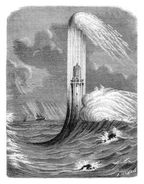 View of the Eddystone Lighthouse in a storm, with waves crashing full-force against it