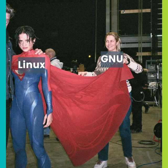 There are two people, one is wearing a superhero suit with a big red cape, they are called “Linux”. 

The other person is holding the cape, they are called “GNU”.
