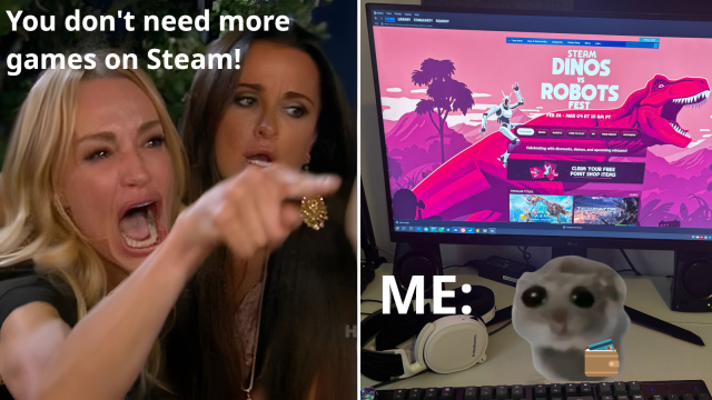 On the left: Lady shouting at cat meme: "You don't need more games on Steam!

On the right: Viral sad hamster with a wallet next to Steam open on a PC