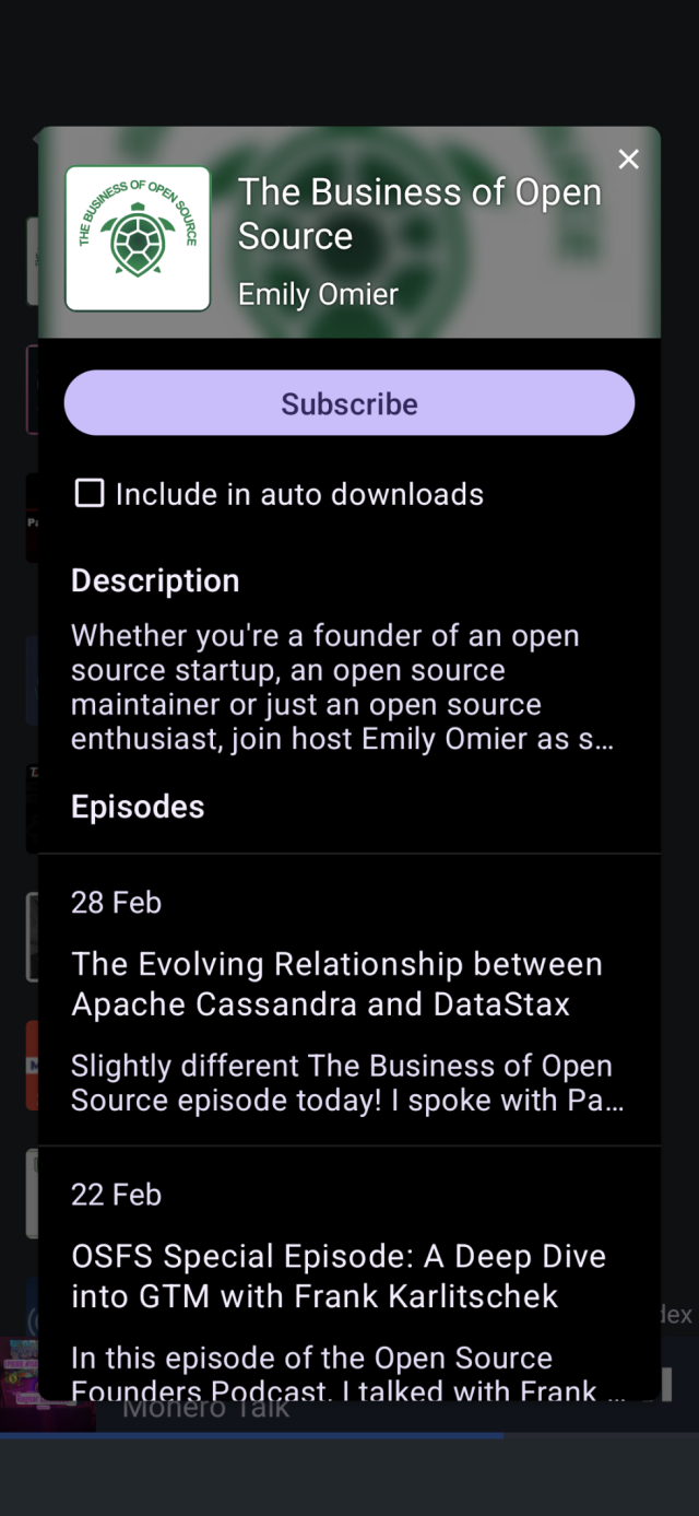 AntennaPod screenshot showing "The Business of Open Source" podcast