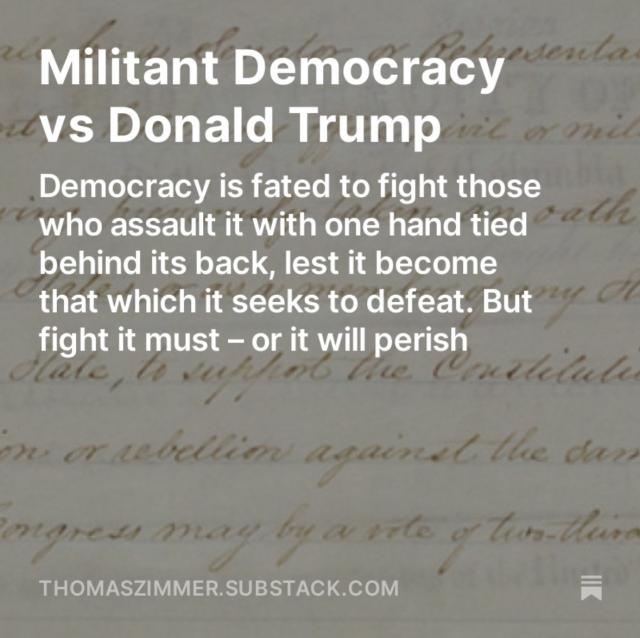 Screenshot of my latest “Democracy Americana” newsletter: “Militant Democracy vs Donald Trump: Democracy is fated to fight those who assault it with one hand tied behind its back, lest it become that which it seeks to defeat. But fight it must – or it will perish.”