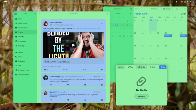 Gnome desktop with tuba and the calendar app, themed: Green window background color, blue accent color and light blue boxed-lists.