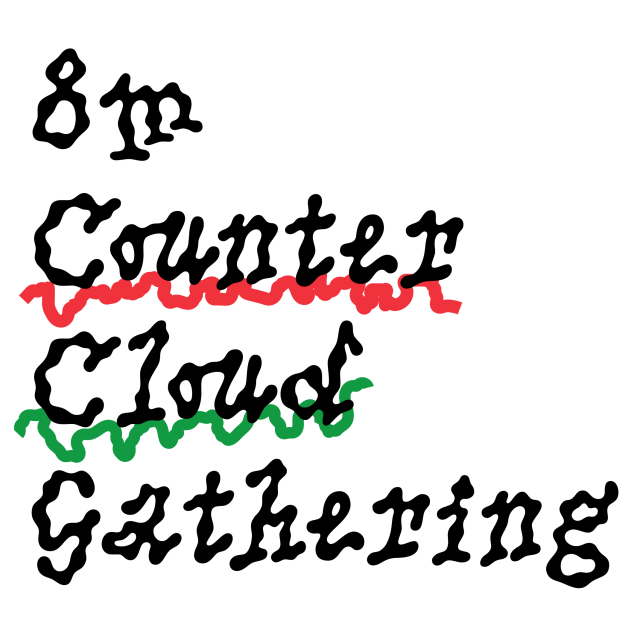 Square image showing the title of the event in a cloud-like typeface. The background is white, the typeface is black, and there are 2 underscores in red and green under "counter" and "cloud".