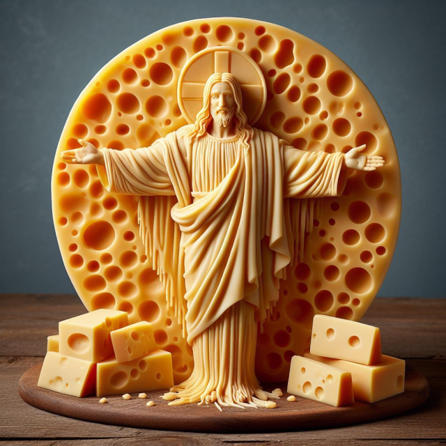 Statue of Jesus carved from cheese, on a cheese board.