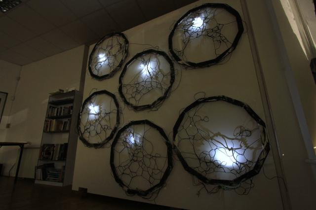 Photograph of an art installation in a room, made up of six near-circular shapes with weaved drawings inside them made from black wire, and lights wired through them. In the background is a library.