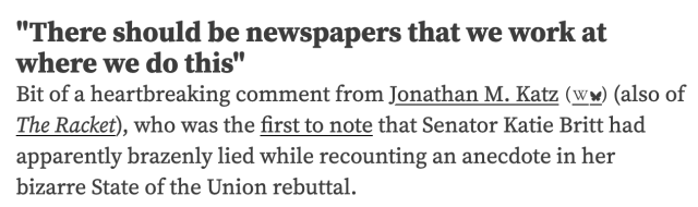 Screenshot of a microblog post from mollywhite.net, which shows the mention markup on the name "Jonathan M. Katz", which is underlined (linking to his website) and followed by two linked logos to Wikipedia and Bluesky.

Full text of screenshot: "There should be newspapers that we work at where we do this"
"Bit of a heartbreaking comment from Jonathan M. Katz  (also of The Racket), who was the first to note that Senator Katie Britt had apparently brazenly lied while recounting an anecdote in her bizarre State of the Union rebuttal."