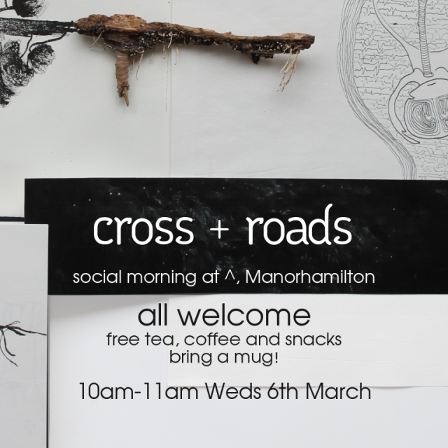 A square poster with drawings and a part of a tree, and the text that is in the accompanying toot advertising the event 'cross + roads'