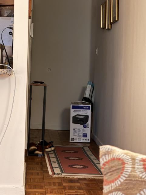 A brother laser printer in the box sitting in my hallway