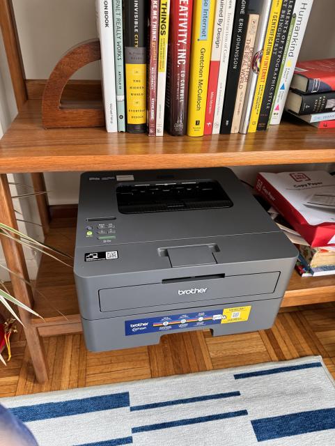 my gray, liminal space-ass printer sitting on a bookshelf