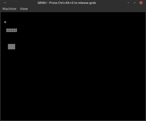QEMU window displaying a black screen with a few gray squares. This should have been catclock.rom, but it's buggy.