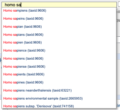 dropdown menu showing 10 different spellings of Homo sapiens. Variations are sampiens, sapeins, sapians etc