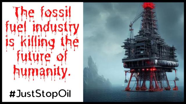 Poster from Just Stop Oil. Photo of an offshore oil derrick. Caption: The fossil fuel industry is killing the future of humanity.