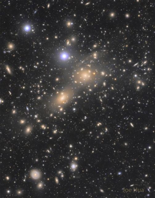 A picture filled with fuzzy yellow spots is presented. All of the yellow spots are galaxies, and most of the galaxies are members of the Coma Cluster of Galaxies. The two bright blue dots are foreground stars in our own Milky Way Galaxy.