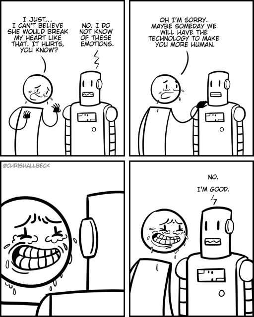 Person: (crying) I cant believe she would break my heart like that. It hurts, you know? 
Robot: No. I do not know of these emotions. 

Person: Oh I’m sorry. Maybe some day we will have the technology to make you more human. 

[closeup of the person failing to smile through a torrent of tears]

Robot: No. I'm good.