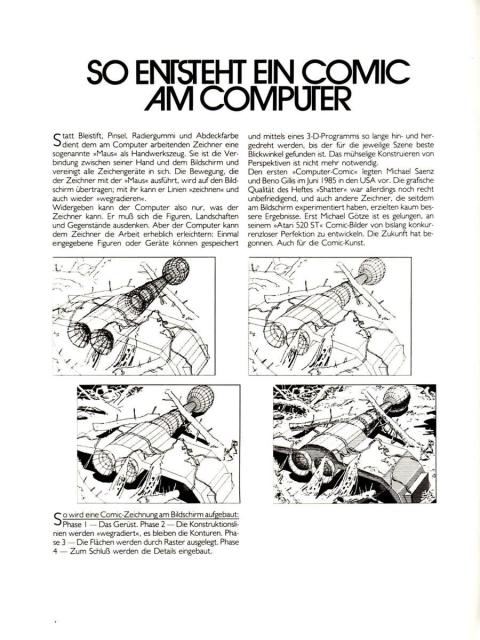 a page descripting with images the workflow for making comics with computers from 3d wireframes, graphics are in black and white with a lot of dither, probably made in the late 80s or early 90s