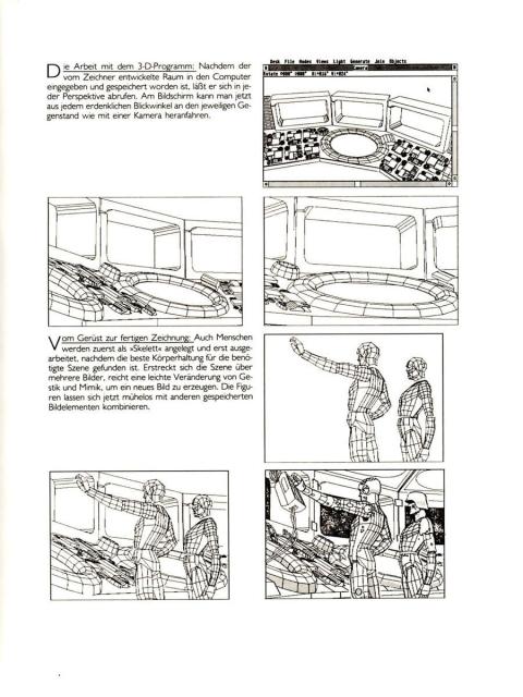 a page descripting with images the workflow for making comics with computers from 3d wireframes, graphics are in black and white with a lot of dither, probably made in the late 80s or early 90s