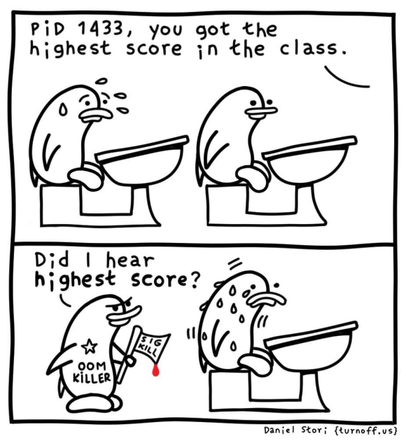 There are two sections to this comic:

In the first section, there are two Penguins sitting in chairs. Someone says: PID 1433, you got the highest score in the class. The penguin sitting behind starts sweating.

In the second section, another Penguin called OOM KILLER shows up with a SIG KILL flag and says: Did I hear highest score?
