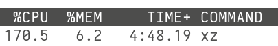 Screenshot from the `top` command showing `xz` consuming 170.5% of CPU resources.