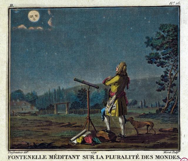 "Fontenelle méditant sur la pluralité des mondes."

Morret ou Morrette ou Morette, Jean-Baptiste (en 1820), graveur, CC0, via Wikimedia Commons. Color edits.