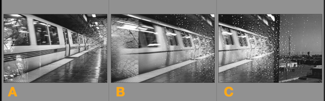 three black and white frames of a 35mm film swap showing a moving BART train with edges of the print having a second image of a fence or water or Oakland scenes superimposed on the image