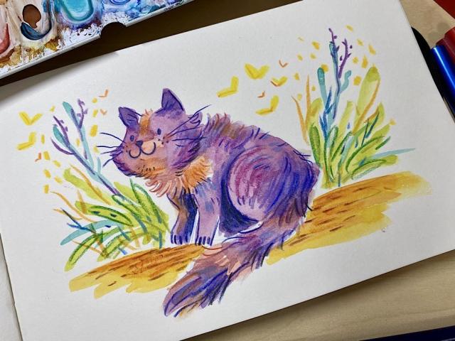 Watercolor sketch of a purple fluffy cat sitting on a yellow ground, with colorful plants behind it