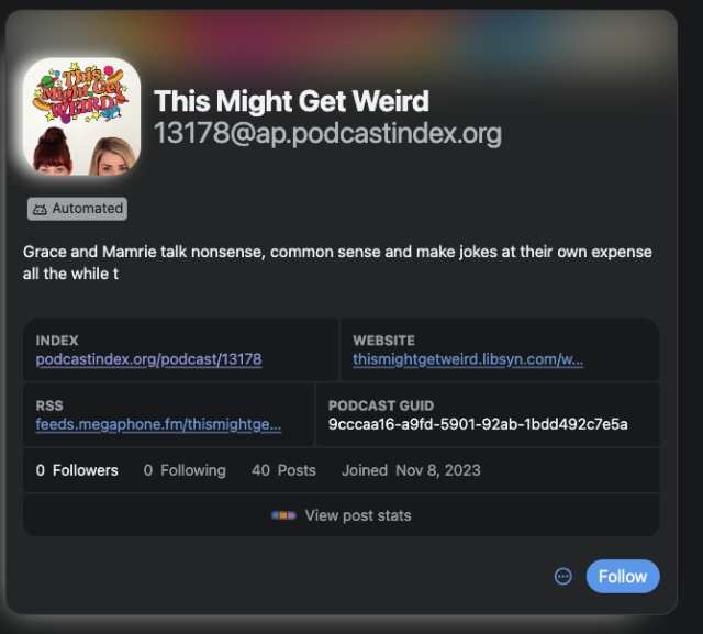 This Might Get Weird podcast, available through ActivityPub as an actor I can follow!