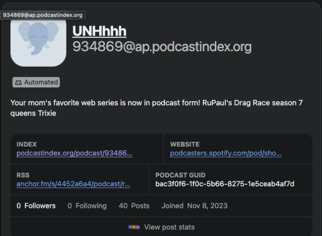 UNHhhh podcast, available through ActivityPub as an actor I can follow!