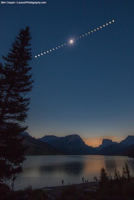 A sequence of images showing the Moon covering increasing amounts of the Sun is shown, with the center image showing a total solar eclipse. The great corona of the Sun can be seen around the dark moon in the center image.