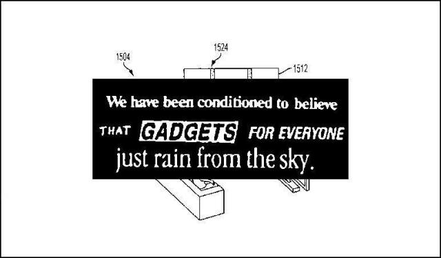 monochrome image from a slide deck. on it is a black rectangle with white writing that reads: "we have been conditioned to believe that gadgets for everyone just rain from the sky" overlaid on top of a figure that can't be made out
