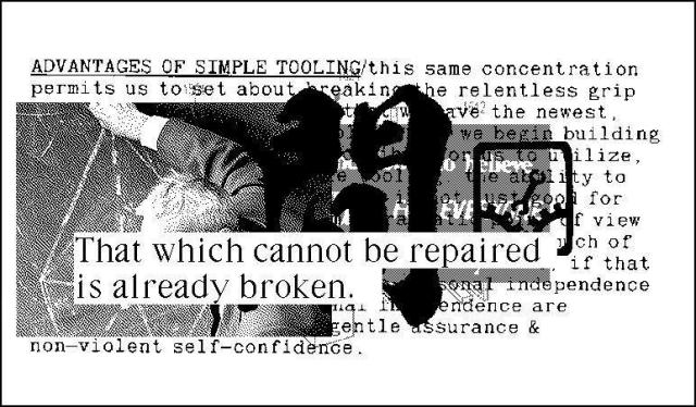 monochrome, not anti-aliased image from a slide deck. there are many things overlaid on top of eachother.

in the foreground, there is written "that which cannot be repaired is already broken."

behind it are a kanji i don't know, an icon of a wrench and some gears, an image of a man at a chalkboard (it's andrey kolmogorov but you can't tell from the image), and some blocked out text that starts with "advantages of simple tooling".