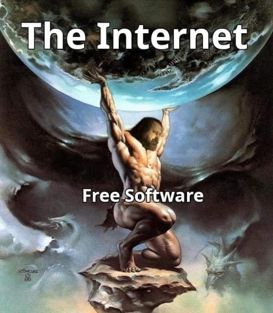 Richard Stallman(Free Software) holding the earth(Internet)