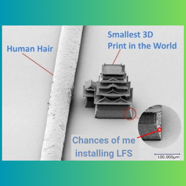 This is an illustration that shows a human hair, then the smallest 3D print in the world, and finally in a magnified view of the print, it says, “Chances of me installing LFS”.