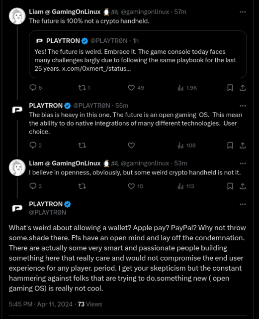Playtron: "What's weird about allowing a wallet? Apple pay? PayPal? Why not throw some.shade there. Ffs have an open mind and lay off the condemnation. There are actually some very smart and passionate people building something here that really care and would not compromise the end user experience for any player. period. I get your skepticism but the constant hammering against folks that are trying to do.something new ( open gaming OS) is really not cool."